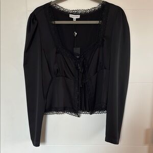 Black Long Sleeve Silk Tie Front Blouse